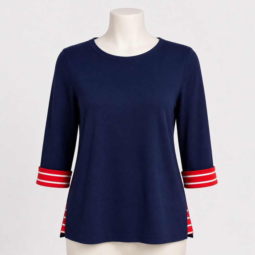 Susan Graver Weekend Tunic Top M Navy Blue Striped Cuffs Back Snap Detail